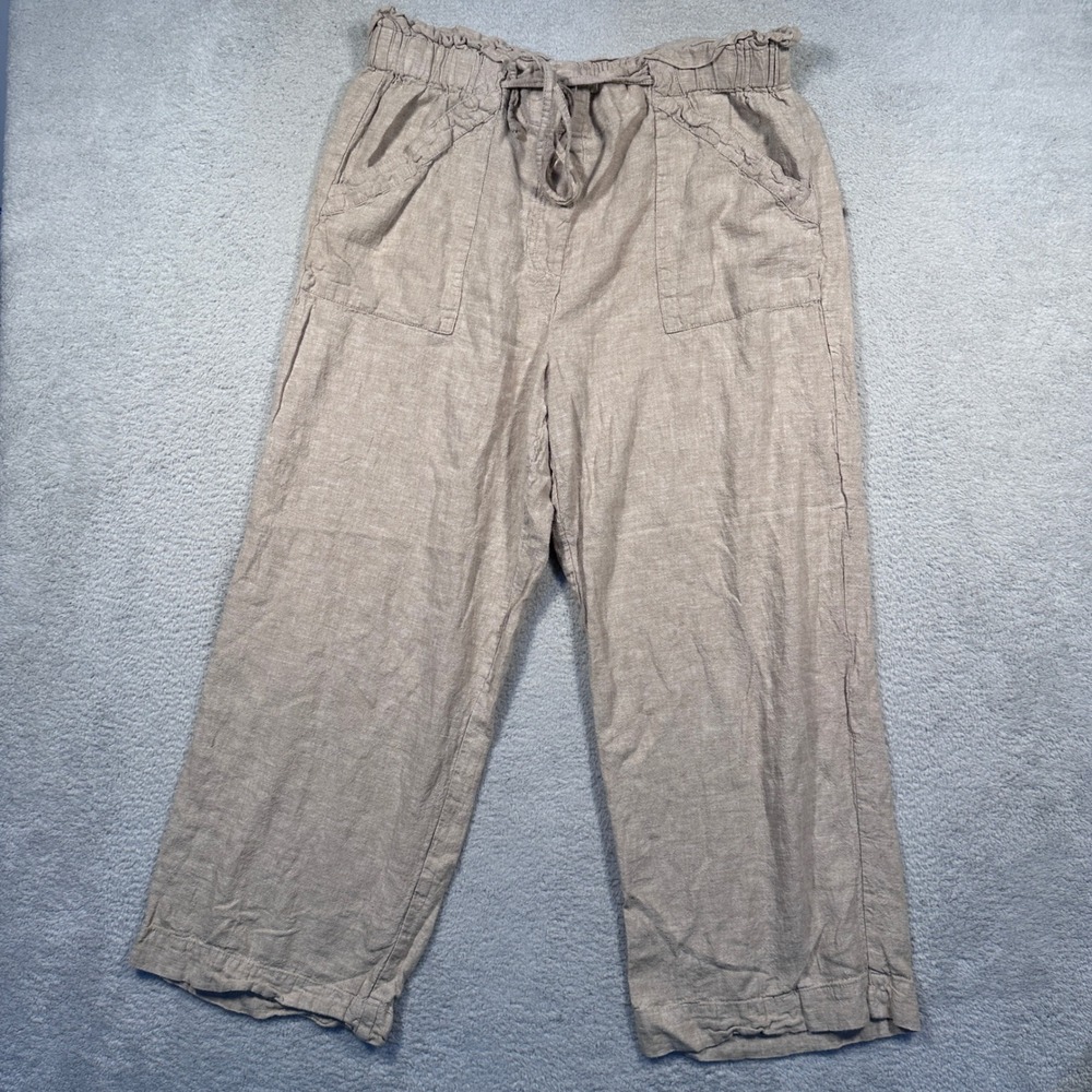 Zac & Rachel Linen Rayon‎ Blend Cropped Pants Women's Large Paperbag Waist Beige